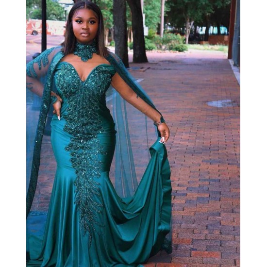 Gorgeous Mermaid Evening Gowns Long Sleeves Appliques Floor Length Cape