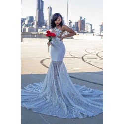 One Shoulder Appliques Slim Mermaid Evening Dress Sweet Train