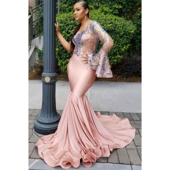 One Shoulder Slim Evening Gowns Ruffle Sleeve Sweep Train