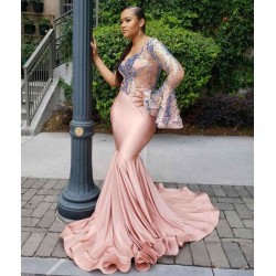 One Shoulder Slim Evening Gowns Ruffle Sleeve Sweep Train
