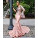 One Shoulder Slim Evening Gowns Ruffle Sleeve Sweep Train