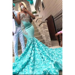 Charming V-Neck 3DFloral Print Mermaid Evening Gown Sweep/Trumpt Train