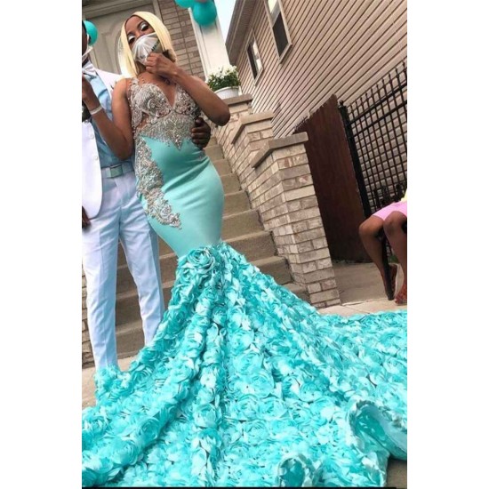 Charming V-Neck 3DFloral Print Mermaid Evening Gown Sweep/Trumpt Train