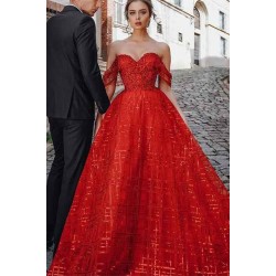 Unique Red Off-the-shoulder Sparkle Puffy Evening Dress