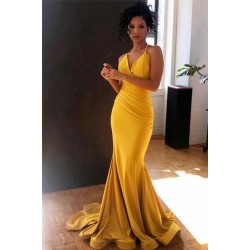 Yellow Spaghetti-Straps V-Neck Ruffle Mermaid Evening Gown