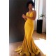 Yellow Spaghetti-Straps V-Neck Ruffle Mermaid Evening Gown