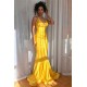Yellow Spaghetti-Straps V-Neck Ruffle Mermaid Evening Gown