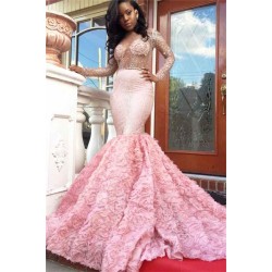 Sheer Tulle Beads Sequins Long Sleeves Prom Dresses Mermaid Flowers Luxurious Evening Gowns New Arrival