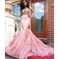 Sheer Tulle Beads Sequins Long Sleeves Prom Dresses Mermaid Flowers Luxurious Evening Gowns New Arrival