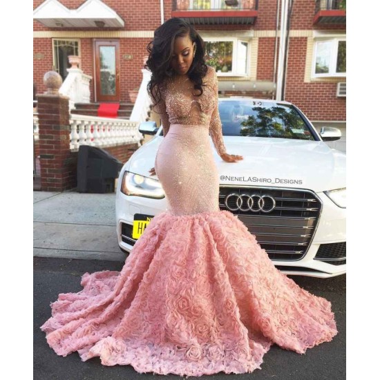 Sheer Tulle Beads Sequins Long Sleeves Prom Dresses Mermaid Flowers Luxurious Evening Gowns New Arrival