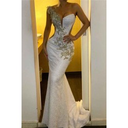 One Shoulder Appliques Sequined Evening Gowns Backless Elegant Formal Dresses
