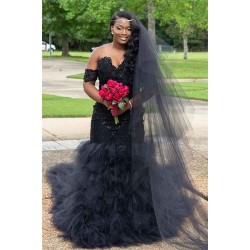 Trendy Off-the-Shoulder Sparkle Beads Prom Dresses Fit and Flare Tulle Ruffles Evening Gowns