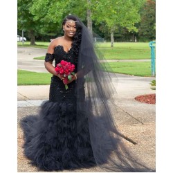 Trendy Off-the-Shoulder Sparkle Beads Prom Dresses Fit and Flare Tulle Ruffles Evening Gowns