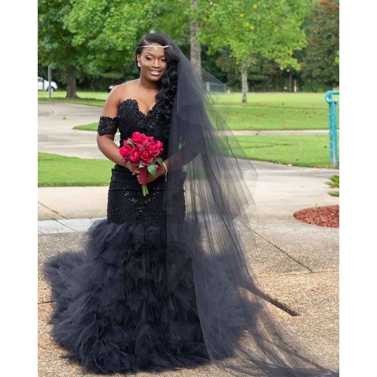 Trendy Off-the-Shoulder Sparkle Beads Prom Dresses Fit and Flare Tulle Ruffles Evening Gowns