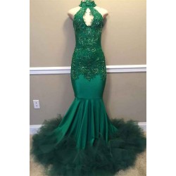 Elegant Beads Appliques Halter Prom Dresses Fit and Flare Sleeveless Tulle Evening Gowns