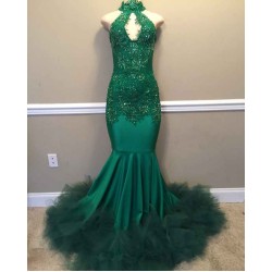 Elegant Beads Appliques Halter Prom Dresses Fit and Flare Sleeveless Tulle Evening Gowns