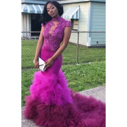 High Neck Fit and Flare Beads Appliques Prom Dresses Sheer Tulle Ruffles Train Evening Gowns
