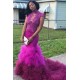 High Neck Fit and Flare Beads Appliques Prom Dresses Sheer Tulle Ruffles Train Evening Gowns