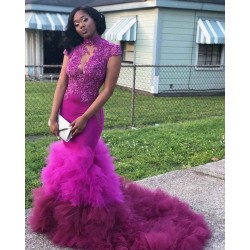 High Neck Fit and Flare Beads Appliques Prom Dresses Sheer Tulle Ruffles Train Evening Gowns
