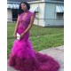 High Neck Fit and Flare Beads Appliques Prom Dresses Sheer Tulle Ruffles Train Evening Gowns