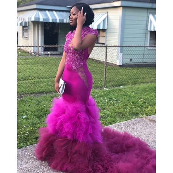 High Neck Fit and Flare Beads Appliques Prom Dresses Sheer Tulle Ruffles Train Evening Gowns