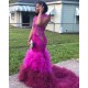 High Neck Fit and Flare Beads Appliques Prom Dresses Sheer Tulle Ruffles Train Evening Gowns