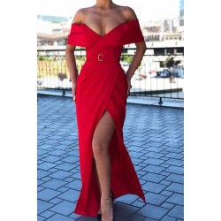 Chic Ruby Off-the-shoulder High Split Affordable Mermaid Evening Gowns