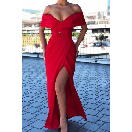 Chic Ruby Off-the-shoulder High Split Affordable Mermaid Evening Gowns
