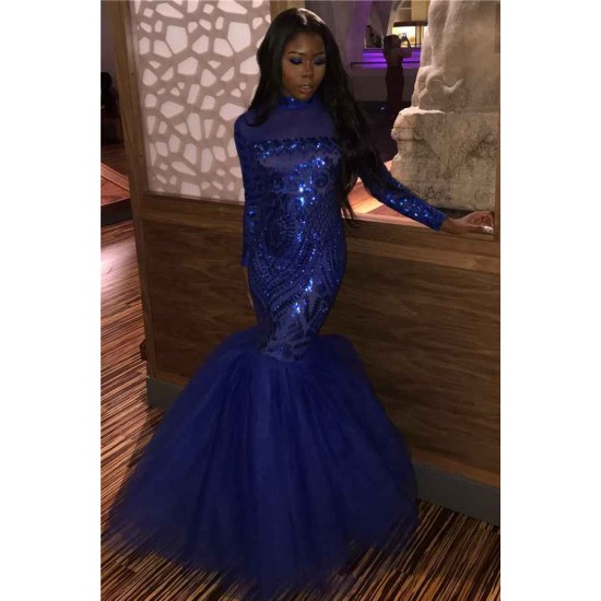 Floor Length Long Sleevess Sequins Tulle Mermaid Evening Dresses