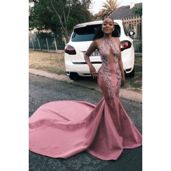 New Jewel Sheer Appliques Prom Dresses With Court Train Elegant Crew Sleeveless Long Evening Dresses