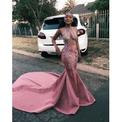New Jewel Sheer Appliques Prom Dresses With Court Train Elegant Crew Sleeveless Long Evening Dresses