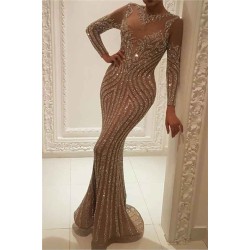 Elegant Long Sleeves Nude Inner Lining Charming Prom Dresses Beads Sequins Fit and Flare Wholesale Evening Gowns