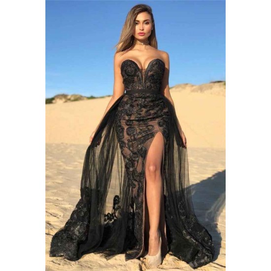 Elegant Black Sweetheart Prom Dresses On Sale Shining Beaded Side Slit Overskirt Evening Dress