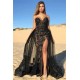 Elegant Black Sweetheart Prom Dresses On Sale Shining Beaded Side Slit Overskirt Evening Dress