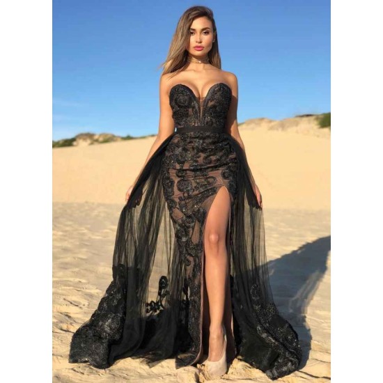 Elegant Black Sweetheart Prom Dresses On Sale Shining Beaded Side Slit Overskirt Evening Dress