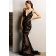 Chic Backless Black Evening Dresses V-neck Appliques Formal Dresses with Slit
