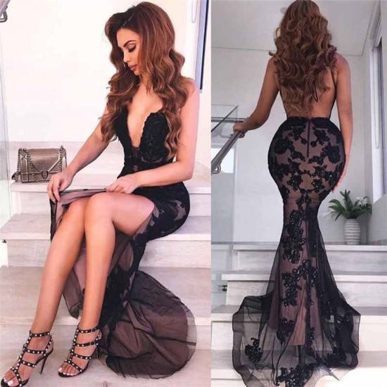 Chic Backless Black Evening Dresses V-neck Appliques Formal Dresses with Slit