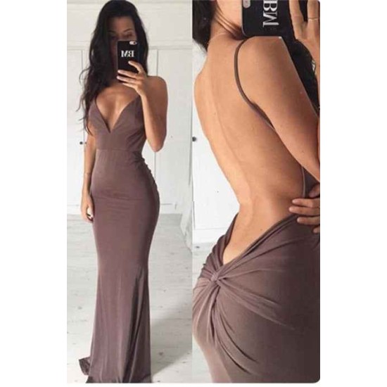 Chic Backless Sheath Long Evening Dress Spaghetti Strap Formal Dresses