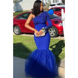 Royal Blue One-Shoulder Appliques Mermaid Evening Gown