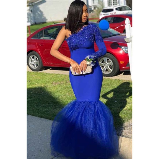 Royal Blue One-Shoulder Appliques Mermaid Evening Gown