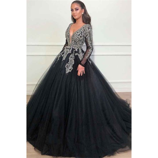 Black Ball Gown Deep V-Neck Long Sleevess Appliques Overskirt Evening Dresses