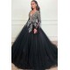 Black Ball Gown Deep V-Neck Long Sleevess Appliques Overskirt Evening Dresses
