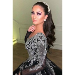 Black Ball Gown Deep V-Neck Long Sleevess Appliques Overskirt Evening Dresses