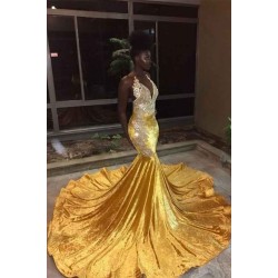 Elegant V-Neck Sleeveless Mermaid Appliques Yellow Prom Party Gowns
