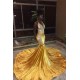 Elegant V-Neck Sleeveless Mermaid Appliques Yellow Prom Party Gowns