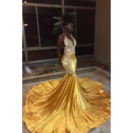 Elegant V-Neck Sleeveless Mermaid Appliques Yellow Prom Party Gowns