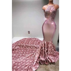 Gorgeous Pink Flowers Mermaid Halter Sleeveless Evening Gown