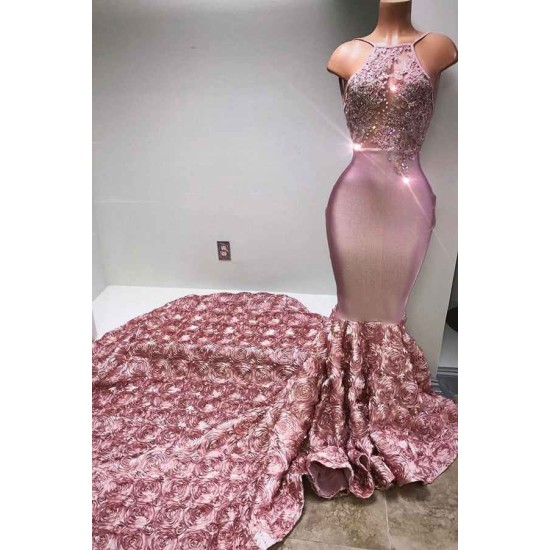 Gorgeous Pink Flowers Mermaid Halter Sleeveless Evening Gown