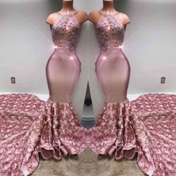 Gorgeous Pink Flowers Mermaid Halter Sleeveless Evening Gown