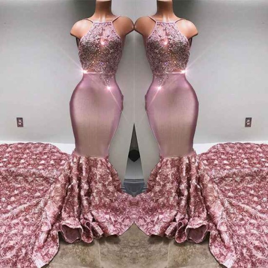 Gorgeous Pink Flowers Mermaid Halter Sleeveless Evening Gown